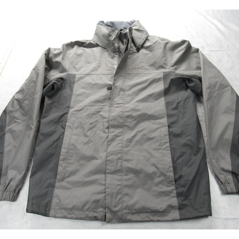 Eddie Bauer Jacket Mens Medium Gray Weather Edge Stow Hood Pockets Full Zip Rain